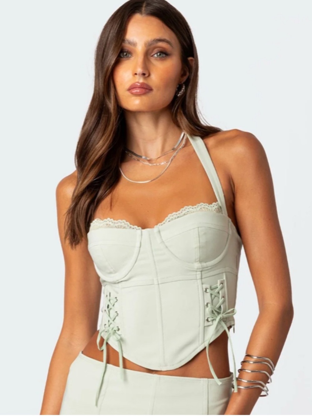 Edikted Sage Side Lace Up Cupped Corset with Lace Trim NWT Medium